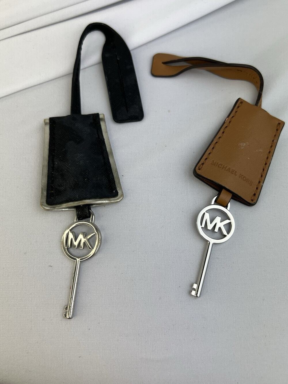 Lot of 2 Michael Kors Hamilton Bag Charms - Black & Tan Leather MK Key Fobs